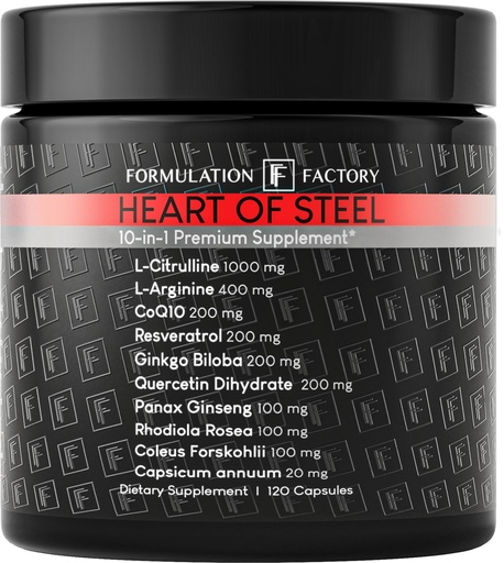 [BRSRAGL7OIHAMHI7] Formulation Factory Heart of Steel Nitric Oxide Supplements for Men & Women, Nitric Oxide Booster for Blood Flow & Circulation with L-Citrulline 1000mg, L-Arginine, CoQ10 & Resveratrol - 120 Capsules