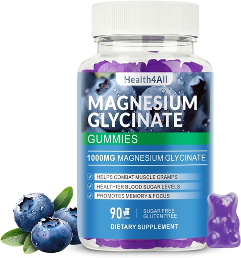 [BRSRA233A54GAF3J] Magnesium-Glycinat-Gummien 1000mg, hohe Absorption Zucker Kostenlose Magnesium-Kalium-Ergänzung für Entspannung, Entlastungsstress und Schlafunterstützung für Erwachsene & Kinder (Blaubeere)