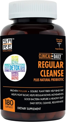 [BRSWG2YZOQMRE332] Clinical Daily Regular Cleanse Plus Natural Probiotic - Colon Cleanse & Gut Detox Supplement - Aide avec l'énergie et le soulagement de la constipation - Herbal Dietary Fiber Psyllium Husk Capsules - 180 Compte