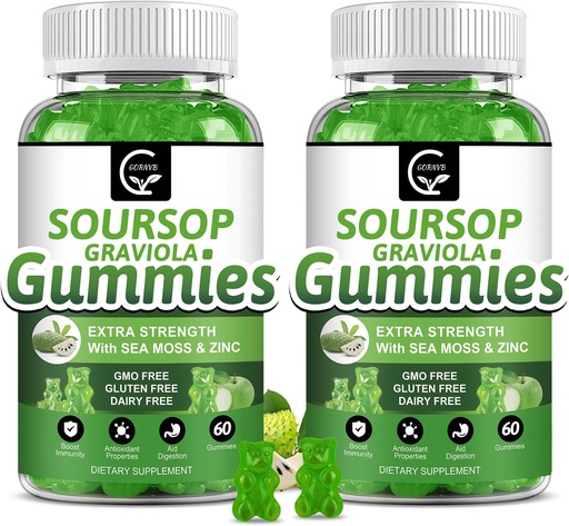 [BRSRAZD7PNYAOD33] (2 Pack) Soursop Graviola Gummies - 2200mg Extra Strength Soursop Leaves Extract w/Sea Moss Extract 200mg, Zinc & Vitamin C - Supports Immunity, Liver & Digestive, Gluten Free, Vegan, 120 Gummies
