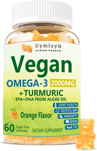 [BRSRAGD6C4BRSGQ2] Vegan Omega 3 & Turmeric Gummies 2500mg, Algae Omega 3 DHA 800mg&EPA 400mg, with MSM, Vitamin D3, Turmeric Root Extract for Brain, Eye, Joint, Fish Oil Supplements Alternative, Sugar Free
