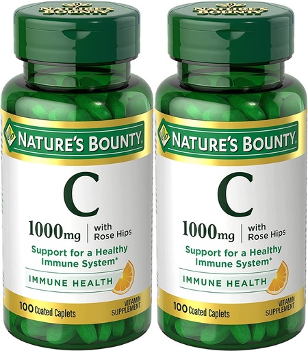 [BRSROZQEBYPGYEYY] Nature's Bounty Vitamin C + Rose Hips, Immune Support, 1000mg, Coated Caplets, 100 Ct - Pack of 2