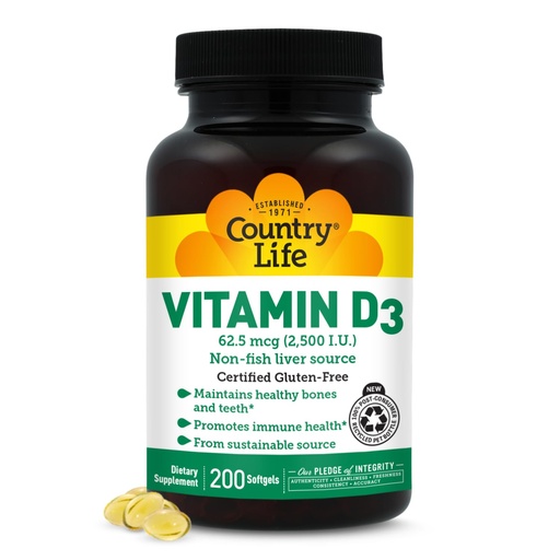 [BRSWIYYNBQCGGYDU] Country Life Vitamin D3 2500 IU – Non-Fish Derived, High Potency Vitamin D3 for Bone Strength, Immune Support & Calcium Absorption – Certified Gluten-Free, 200 Softgels