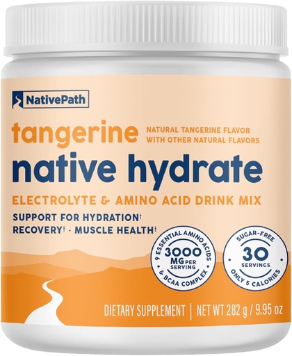 [BRSRAZDRBMGWO3LA] NativePath Native Hydrate, Zero Sugar, Electrolytes Powder with BCAAs, Tangerine Hydration, Keto & Paleo Friendly, 30 Servings