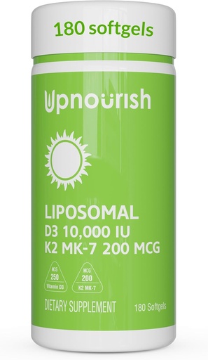 [BRSRAAY3A4BR62QV] UpNourish Liposomal D3 K2 Vitamin 10000 IU D3 and K2 MK-7 200 mcg - 180 Vitamin D3 k2 (Vitamina D3 con K2) Mini Softgels - Easy to Swallow K2 D3 Vitamin