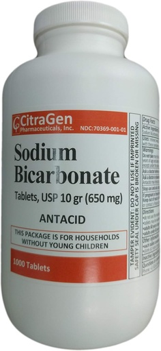 [BRSWGFAEBENQ43Q2] Sodium Bicarbonate Tablets USP 650 mg (10 Grains) for Relief of Acid Indigestion, Heartburn, Sour Stomach & Upset Stomach 1000 Tablets per Bottle by CitraGen Pharmaceuticals Inc