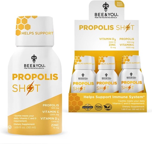 [BRSW2ATRO4BRUYIY] BEE ja teie immuunsüsteem toetavad 100% looduslikku propolis Shot toidulisandit, antioksüdante, C-vitamiini, VIT D3, tsink, oranž mahl, toores mesi, 1.69 fl. oz x 12 pudelit