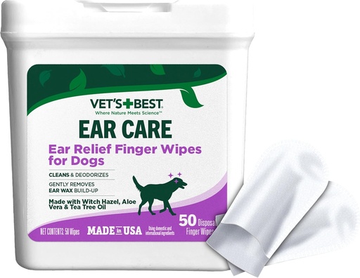 [BRSWYBT3OABQOFI3] Vet's Best Ear Relief Finger Wipes, Ear Cleansing Finger Wipes for Dogs, Sooths & Deodorizes, 50 Disposable Dog Wipes