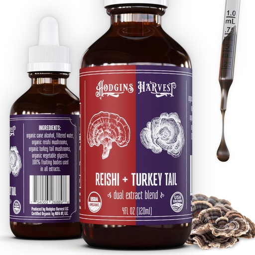 [BRSROBQFOJ5WGFIZ] Hodgins Harvest Reishi + Turkey Tail Tincture | Realizzato con funghi coltivati sulla nostra azienda negli Stati Uniti | Dual Extract | Extra-Concentrato (4 fl oz)