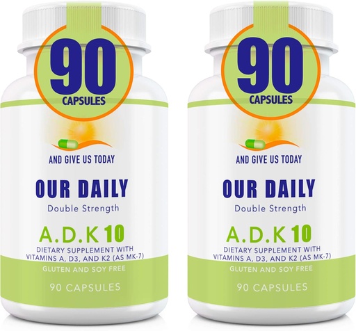 [BRSWYEATC55AA3QZ] Our Daily Vites ADK 10 Double Strength (10,000 iu) Vitamins A1, D3 & K2 (as MK7) - Physician Formulated Bone & Immune System Support - Gluten Free, Non GMO - 180 Vegetarian Capsules