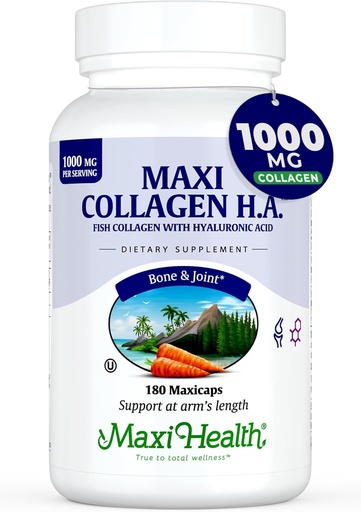 [BRSWKZAEDEJR2FI7] Maxi Health Marine Collagen Pills – 1000 mg Type 1 Collagen for Women & Men with Hyaluronic Acid Supplement for Joint & Skin Support – Unflavored, Clean Kosher Capsules (180 Maxicaps)