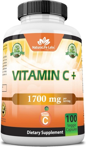 [BRSWYEAYCN4GCEQV] NaturaLife Labs Vitamin C with Vitamin D3, Zinc, Elderberry & Ginger Root – 1,700 mg per Serving – 100 Capsules, Vegan, Non-GMO, Gluten Free