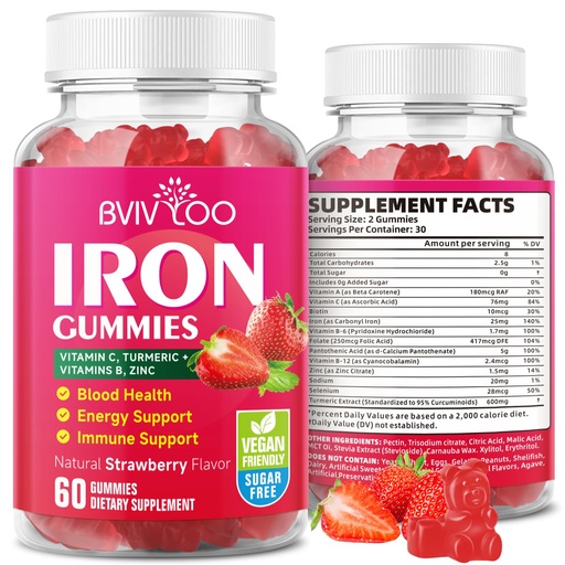 [BRSRAGL3CAFB6DIU] Vegan Iron Gummies for Adults & Kids - with Vitamin C, A, B-Complex, Folate, Zinc, and Biotin - for Blood Building & Energy Support, 60 Gummies