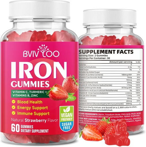 [BRSRAGL3CAFB6DIU] Vegan Iron Gummies for Adults & Kids - with Vitamin C, A, B-Complex, Folate, Zinc, and Biotin - for Blood Building & Energy Support, 60 Gummies