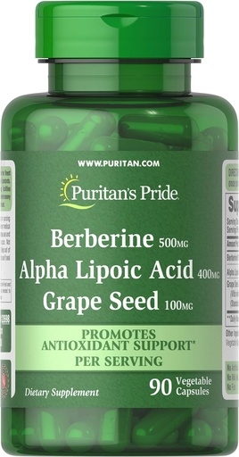 [BRSWYZAFCQAREFIU] Puritan's Pride Berberine, alfa Lipoic Acid & Grape Seed, promove o apoio antioxidante, 90 cápsulas vexetais