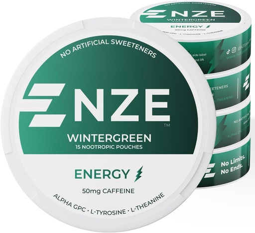 [BRSRAGQFCAGQOYA4] NZE Caffeine Nootropic Pouches (Wintergreen) - энергетические мешочки с 50 мг кофеина, Alpha GPC, L-тирозин и L-теанин без сахара или искусственных подсластителей - 15 мешков на банку - 5 упаковок