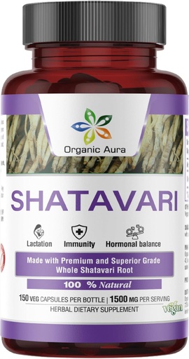 [BRSW22QZAQJQAHTH] Organic Aura Shatavari Capsules.150 Veg Capsules. 1500 mg per Serving. Excellent Herb Supports Women Reproductive and Immune Health and as Lactation Supplement. 100% Natural Herbal Supplement.