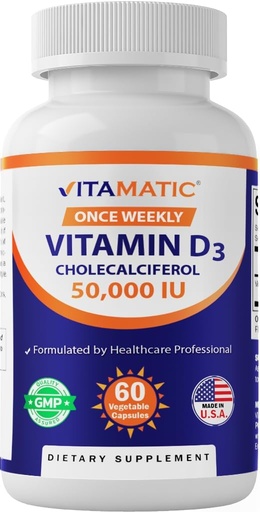 [BRSWYEIBOEHBYETK] Vitamatic Vitamin D3 50,000 IU (as Cholecalciferol), Once Weekly Dose, 1250 mcg, 60 Veggie Capsules 1 Year Supply, Progressive Formula Helping Vitamin D Deficiencies (60 Count (Pack of 1))