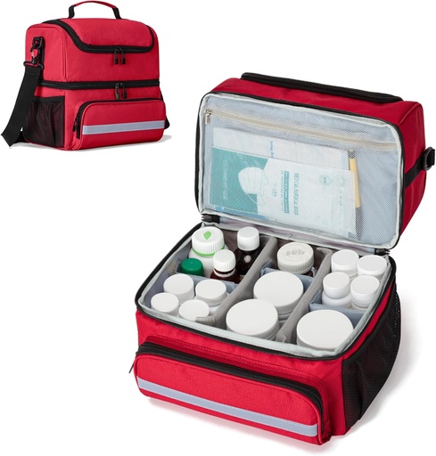 [BRSROHYQDIBQ4ADO] CURMIO Sac de rangement en double couche pour médicaments, sac d'organisateur de bouteilles de pilules avec séparateurs intérieurs, sac de voyage pour médicaments pour vitamines, suppléments, bouteilles d'ordonnance, fournitures médicales, rouge (conception du brevet)