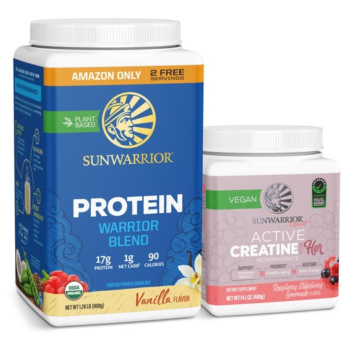 [BRSRAY34CQDRQHI4] Sunwarrior WarriorBlend Vanilla Protein Powder 32 Servings & Creatine for Women Berry Lemonade 50 Servings
