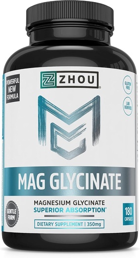 [BRSW2AQOCN7A4D3U] Zhou Magnesium Glycinate - Gizon eta Emakumeentzako Mag Glycenate Pure osagarria, Lotarako Laguntza Naturala, Bihotzeko Osasun Laguntza, Muscle Relaxation & Vitality - 180 Vegan Friendly kapsulak
