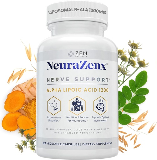 [BRSW22TYCEHB633D] Zen Nutrients NeuraZenX Soporte nervioso e Suplemento de Neuropatía periférica con 1200mg ácido lipoico alfa (ALA), Benfotiamina, L-Carnitina e Turmericina