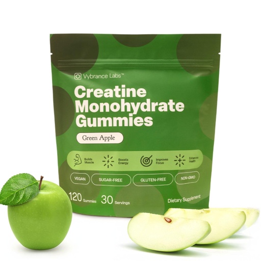 [BRSRAFI6DMAR4HLL] VYBRANCE LABS Creatine Gummies for Women & Men — First & Only 5g Creatine + Taurine + Vitamin B12 | Vegan Creatine Gummies | Sugar-Free | Green Apple