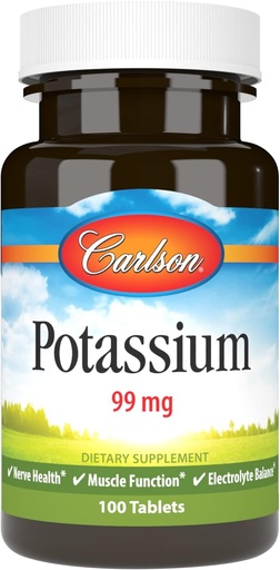 [BRSWECQ2B56QGFYY] Carlson - Kalium, 99 mg, edistää hermojen ja lihasten toimintaa, 100 tablettia