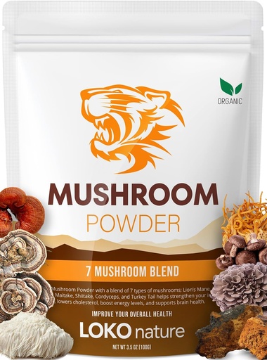 [BRSWGBA7PN5BEF3O] Tiger 7 Mushroom Powder Extract - 3.5oz (100g) Blend | Natural Ingredients - Lions Mane, Turkey Tail, Maitake, Shiitake, Reishi, Chaga & Cordyceps | Gluten-Free, Vegan, Dairy-Free