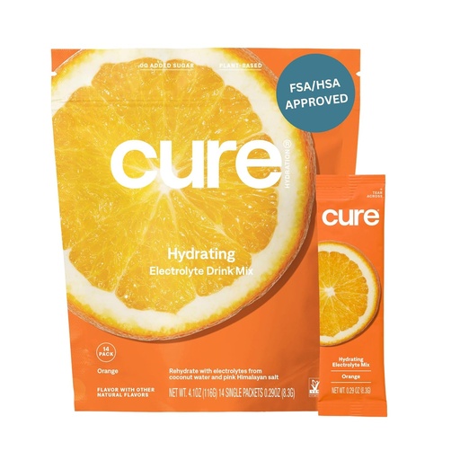 [BRSW2C3QDEJRSF3L] Cure Hydrating Electrolyte Mix | Powder for Dehydration Relief | FSA & HSA Eligible | Made with Coconut Water | No Added Sugar | Vegan | Paleo Friendly | Pouch of 14 Packets - Orange