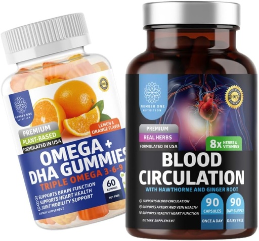 [BRSRAGL4PMOQIFLK] Number One Nutrition N1N Premium Blood Circulation Supplement with [8 Powerful Herbs & Vitamins] and Omega 3 6 9 + DHA Gummies, 2 Pack Bundle