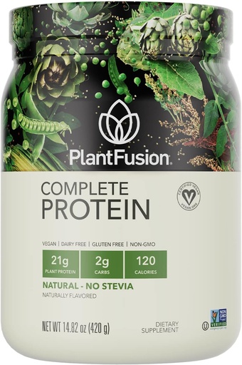 [BRSWIYDYAUGBSG3Y] PlantFusion Complete Vegan Protein Powder - Proteína baseada en plantas con BCAAs, encimas dixestivos e proteínas chícharas - Keto, Gluten Free, Non-Dairy, Non Sugar, Non-GMO - Natural-No Stevia 0.93 lb