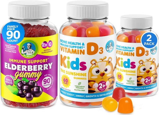 [BRSWYADRDFYB63TL] Vitamin D Gummies and Elderberry Gummies - Immunity Mega Boost for Kids and Adults - Vegetarian Gelatin-Free Immune Support Vitamins for Children