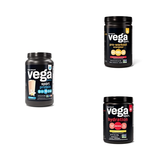 [BRSRMBQ7OQCW2AAY] Vega Sport Routine Bundle - Premium Vanilla Protein Powder (20 Servings) Strawberry Lemonade Preworkout Energizer (25 Servings) and Lemonade Electrolyte Hydration (50 Servings)