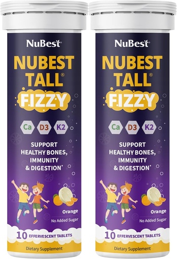[BRSRAYL6AR5W2H34] NuBest Tall Fizzy | Bone Strength, Immunity, Digestive Health for Kids Age 4+ & Teens | Probiotic, Calcium, Magnesium from Red Marine Algae, Vitamins | 20 Orange Effervescent Tablets | Pack 2