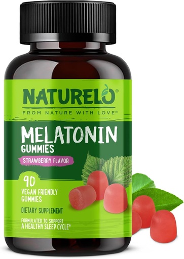 [BRSWYEL4OUMRGAYV] NATURELO Melatonin Gummies – Non-GMO, Gluten-Free, Soy Free - Strawberry Flavor - Gentle Sleep Supplement - 90 Vegetarian Gummies