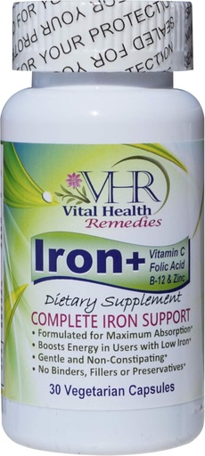 [BRSWGGL7DIPWMEI2] Iron+ with Vitamin C, FOLIC Acid, B-12 & ZINC Preservative-Free, Gentle and Non-constipating Formulated for Maximum Absorption. 30 Veggie caps - Vital Health Remedies