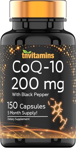 [BRSROYYZCUPGE2DG] tnvitamins CoQ-10 200mg - 150 Capsules with Black Pepper Extract | 5 Month Supply! | Powerful Free Radical Fighting Antioxidant | Max Absorption Rapid Release Capsules | Coenzyme Q-10 200 mg