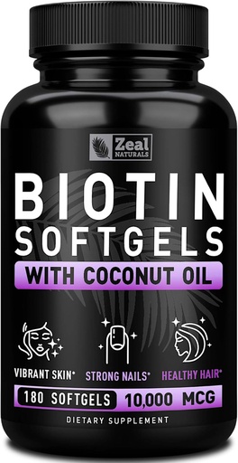 [BRSWGAL3ABYQKETK] Zeal Naturals Biotin with Coconut Oil for Hair 10000mcg (180 Softgels) Supplement - Biotin Pills for Hair Skin and Nails Vitamins for Women Capsules for Men Hair Growth 6 mo Supply