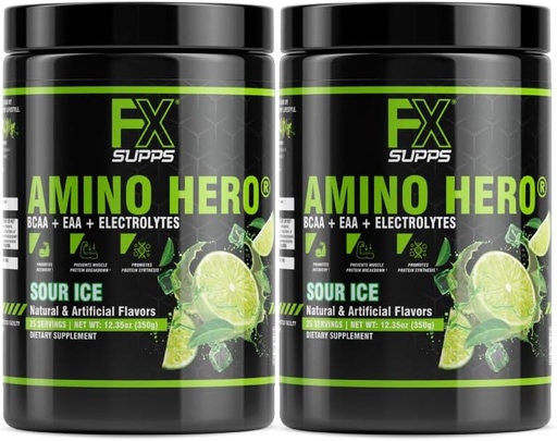 [BRSW2BAQAB6AYHL2] FXSUPPS Amino Hero Sour Ice Flavor (50 Servings) | Post-Workout Recovery Drink for Men and Women | Energy Powder Mix with BCAA, EAA, and Electrolytes | Promotes Endurance and Healthy Muscles - 2 Pack