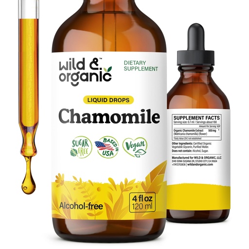[BRSROY37OQCR4YA7] Wild & Organic Chamomile Flowers Drops - Add to Tea for Relaxation Support - 500 mg Chamomile Extract Liquid Drops - Calming Herbal Supplement - 56-Day Supply - Vegan, Sugar & Alcohol-Free - 4 fl oz