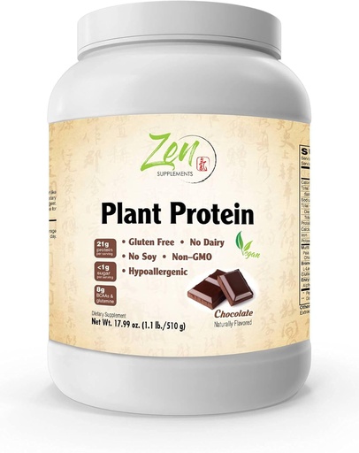 [BRSWGBLROEMR6E35] Zen Supplements - Plant Protein-Chocolate 510G 1.1LB -Powder - 23 Grams of Protein Per Serving -Vegan, Low Net Carbs, Non Dairy, Gluten Free, Lactose Free, No Sugar Added, Soy Free, Kosher, Non-GMO