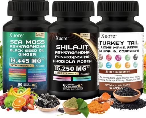 [BRSRAYINOF6WC3YY] Shilajit,Sea Moss, Black Seed Oil,Mushroom & Herb Supplement with Lions Mane, Turkey Tail, Reishi, Cordyceps, Chaga, Ashwagandha, Ginger, Rhodiola Rosea & Panax Ginseng,All in One Supplement.