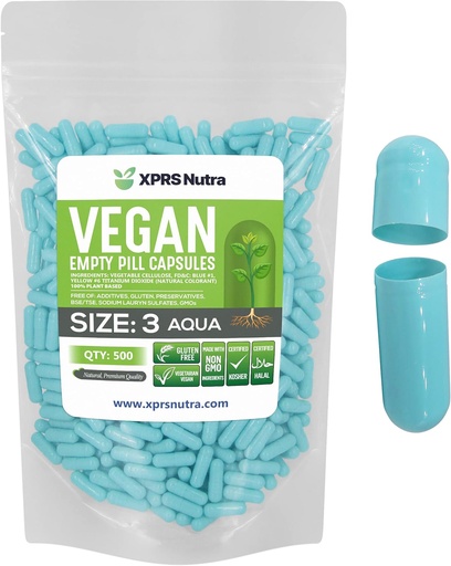 [BRSRMZYPAAJWECA2] XPRS Nutra Size 3 Empty Capsules - 500 Count Empty Vegan Pills - Vegetarian Pill - DIY Vegetable Capsule Filling- Veggie Pill Caps (Aqua)