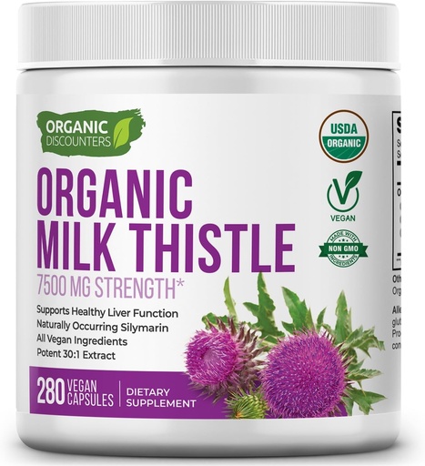 [BRSWYFATAEPBAD3A] Milk Thistle Capsules, 280 Count, 7500 mg Strength, Potent 30:1 Extract, USDA Certified Organic, Rich in Silymarin Flavonoids, Vegan, Non-GMO and All-Natural