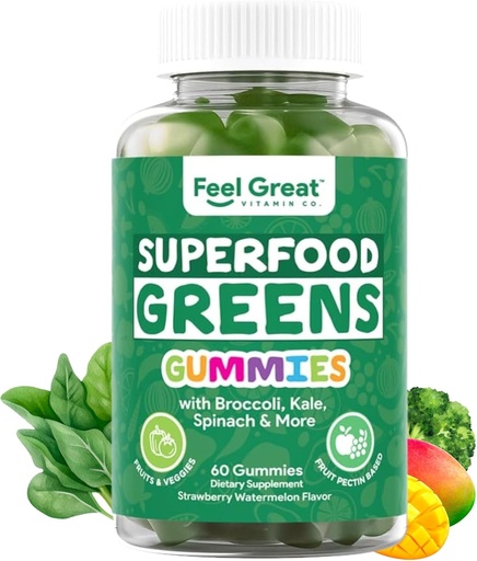 [BRSRAZYTOAPWAHQ3] Super Greens Gummies - Green Superfoods Supplement with Spinach, Broccoli, Kale, Beet Root, Elderberry for Immunity Support - Fruit and Vegetable Supplement - Watermelon Flavor, 60 Gummies