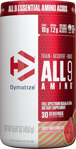 [BRSWGEICAAIRY23G] Dymatize All9 Amino, 7.2g of BCAAs, 10g of Full Spectrum Essential Amino Acids Per Serving for Recovery and Optimal Muscle Protein Synthesis, Juicy Watermelon, 30 Servings, 15.87 Ounce