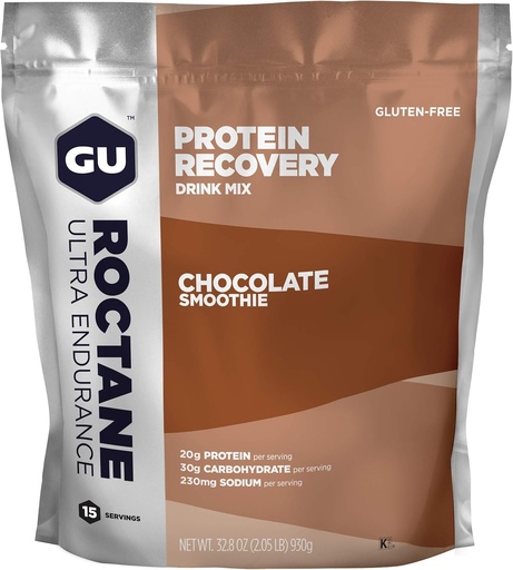[BRSWGAQKBYCRGGTL] GU Energy Roctane Ultra Endurance Protein Recovery Drink Mix, Gluten-Free and Kosher Dairy, Recovery Support After Any Workout, 15-Serving Pouch, Chocolate Smoothie