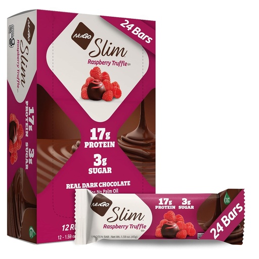 [BRSWY2QBOIHAIFLD] NuGo Slim Dark Chocolate Raspberry Truffle, 17g Protein, 2g Sugar, 7g Fiber, Low Net Carb, Keto Friendly, Gluten Free, 24 Count