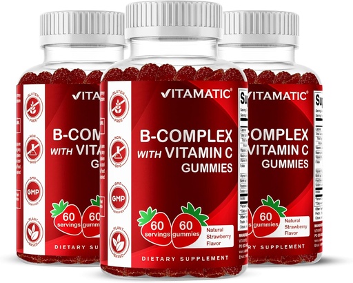 [BRSROZQCA56AK333] Vitamatic Vitamin B Complex Gummies with Vitamin C & Inositol - Natural Strawberry Flavor - 60 Gummies (3 Bottles)
